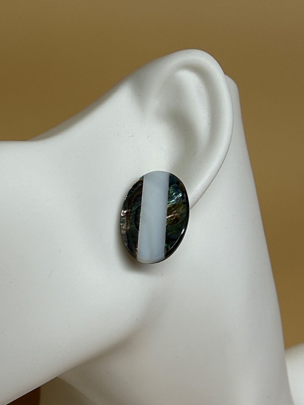 Abalone and White Stripe Oval Stud Earrings - Mexico